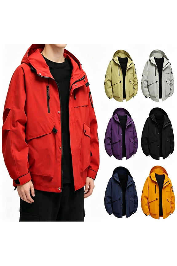 Men's Fashion Jackets Fall Hiking Travel Outerwear Coats with Waterproof, Pockets, Adjustable Cuff, Drawstring, Zip-Up, Lightweight Plus Size Hooded Rain Jackets