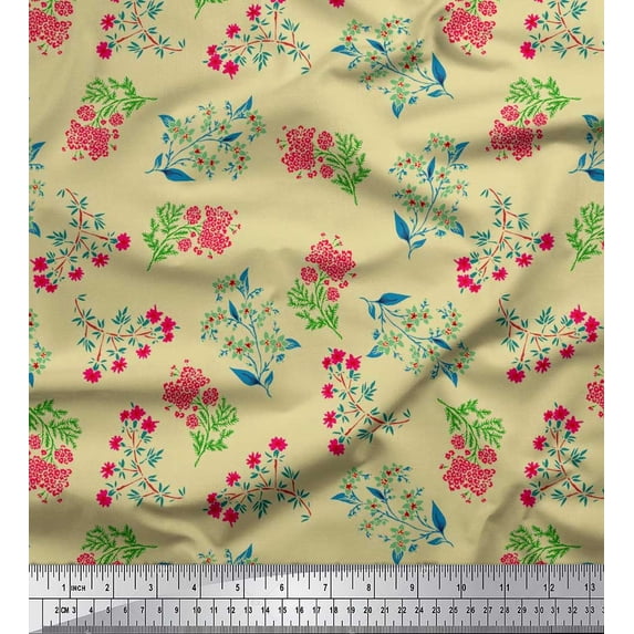 Soimoi Rayon Fabric Leaves & Pink Flower Floral Fabric Prints By Yard 56 Inch Wide