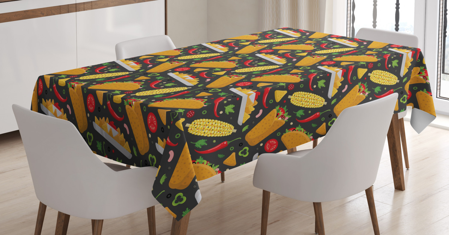 Mexican Tablecloth, Latin Dish with Tortilla Tacos Corns Burrito Chili