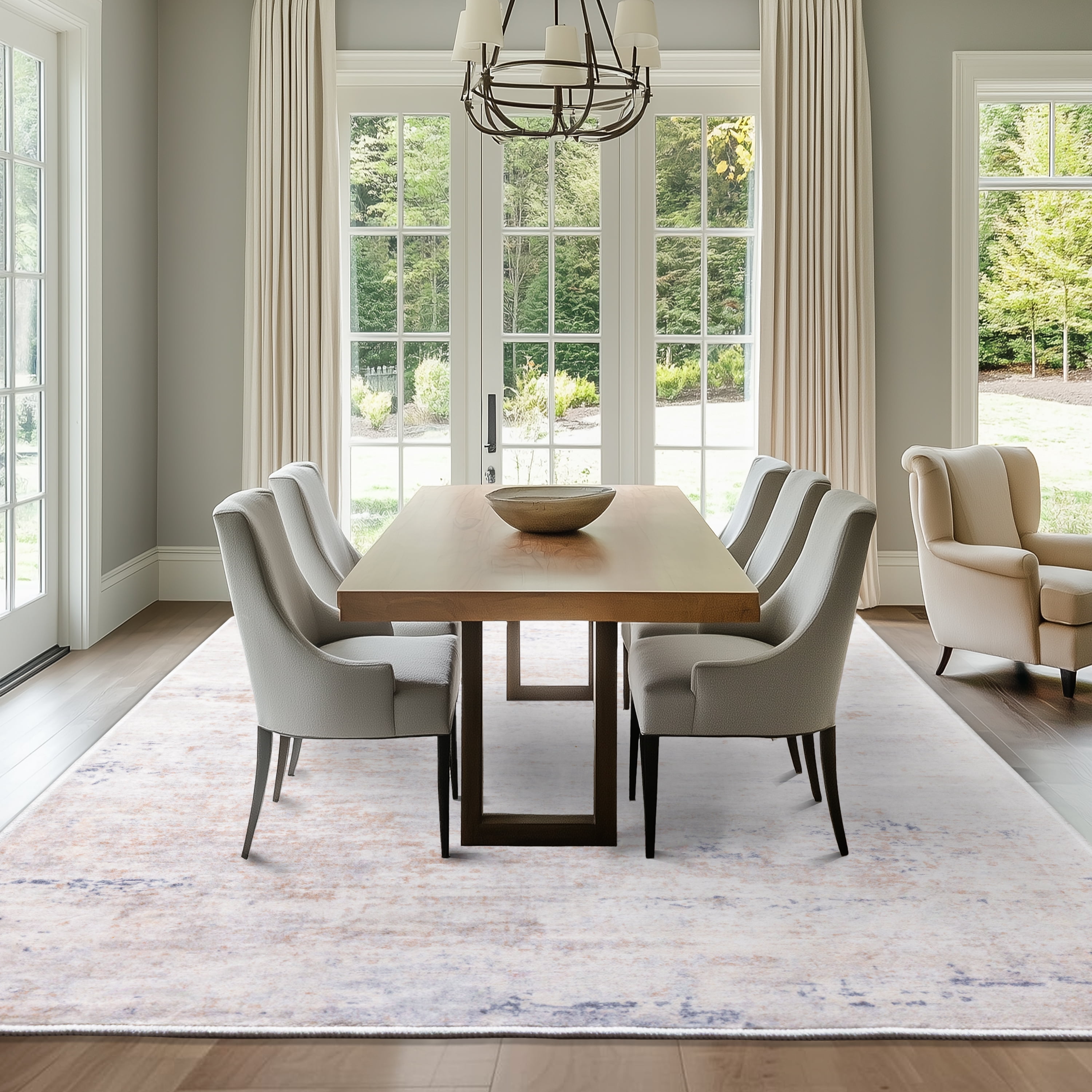 ARJINCUTE Distressed Abstract Beige Blue Area Rugs, 9'x12', Low Pile Machine Washable Non-Slip
