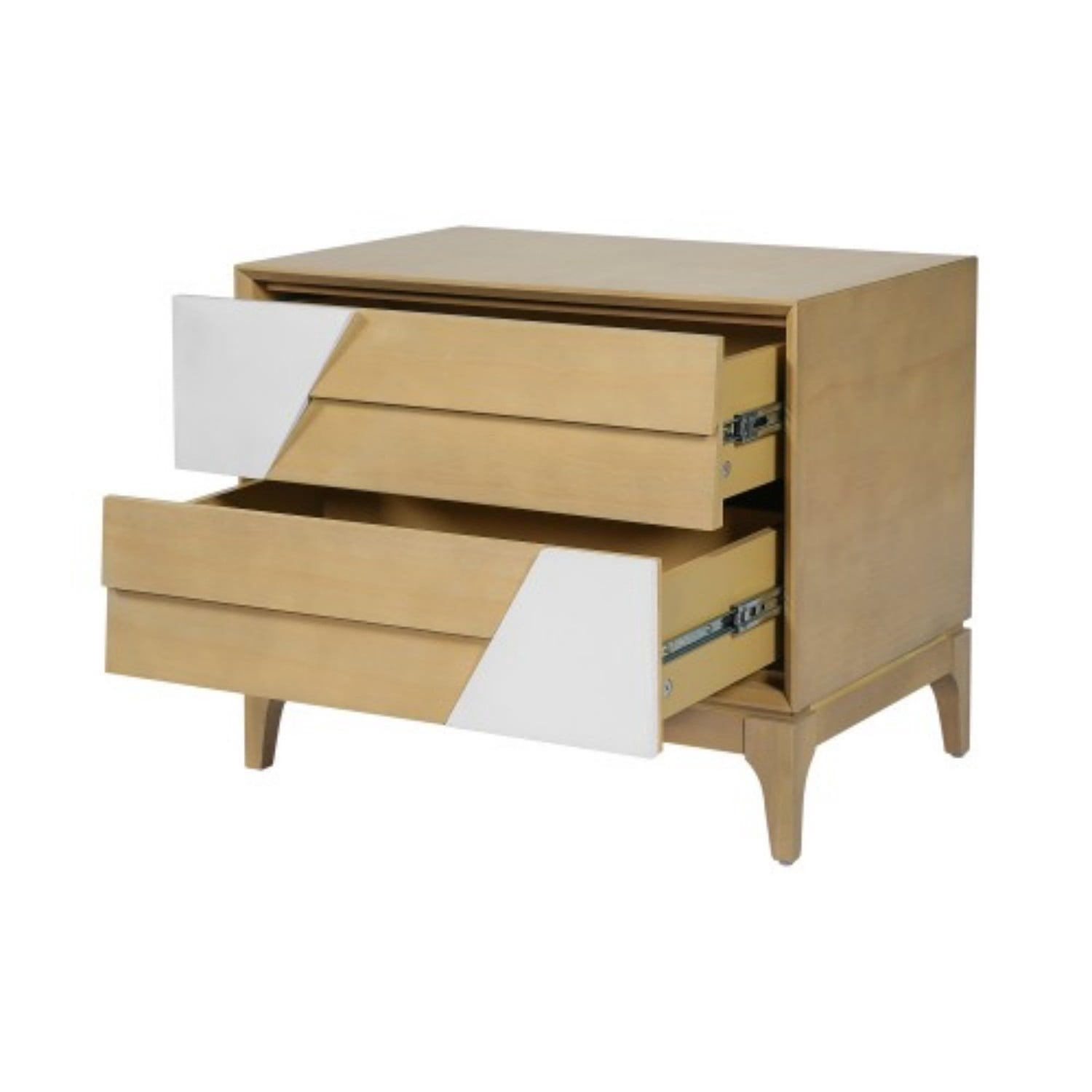 Modern 2-Drawer Nightstand with Japandi Style Geometric Design, Natural & Cream White Bedside Table with Angled Patchwork Detail, Wood End Table for Bedroom, Living Room