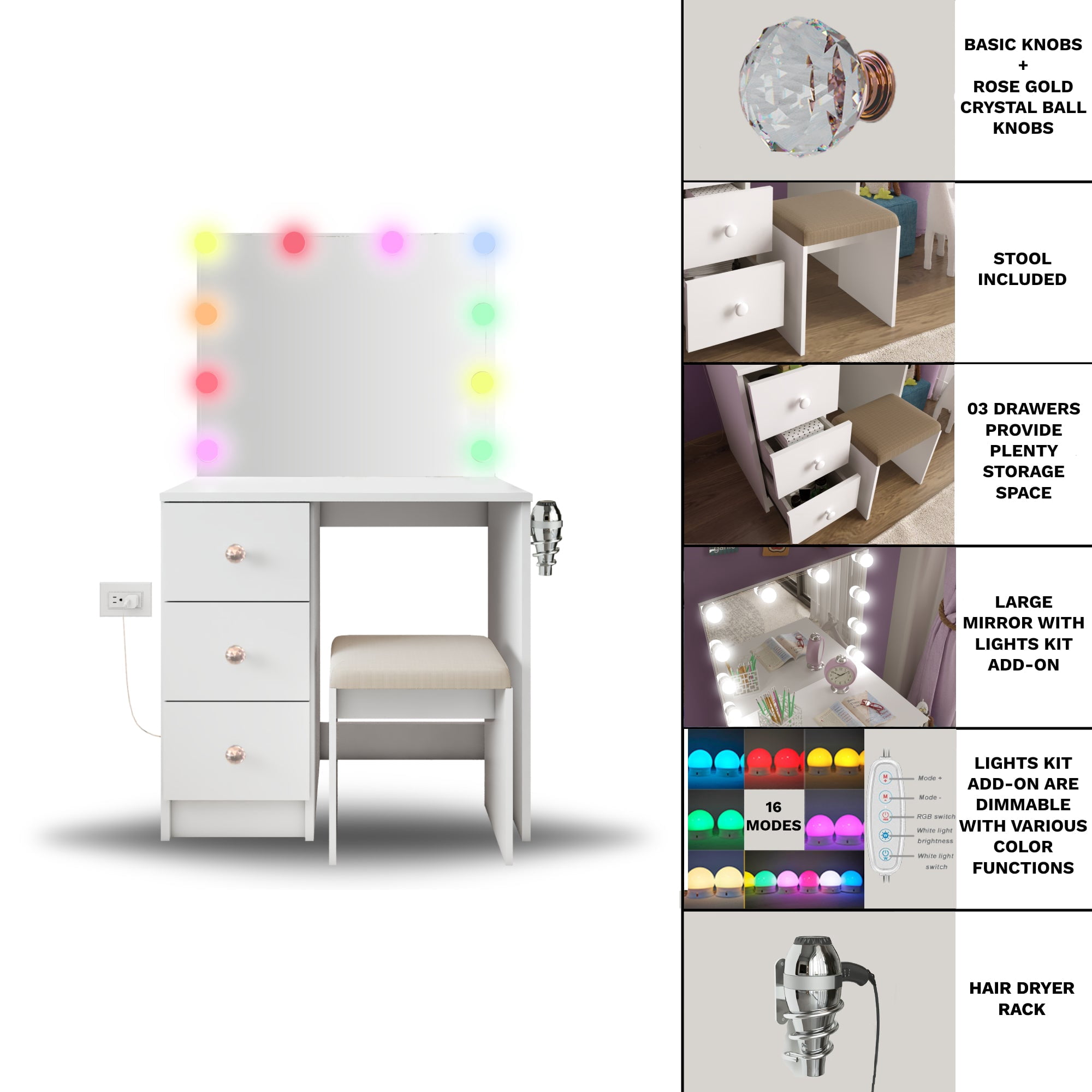 Ember Interiors Vanity Desk for Kids with Mirror,3 Drawers, Lights, Chair, Rose Gold Crystal Ball Knobs, White