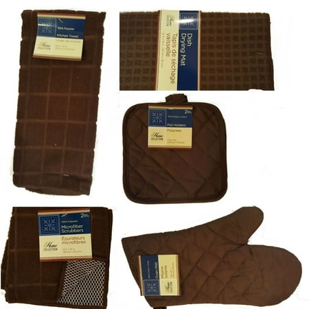 Item Holder - Brown Kitchen Linens Bundle of 8 Items - Kitchen Towel, Pot Holders, Microfiber Scrubbers, Dish Drying Mat & Oven Mitts, Home Collection Kitchen.., By Home Collection