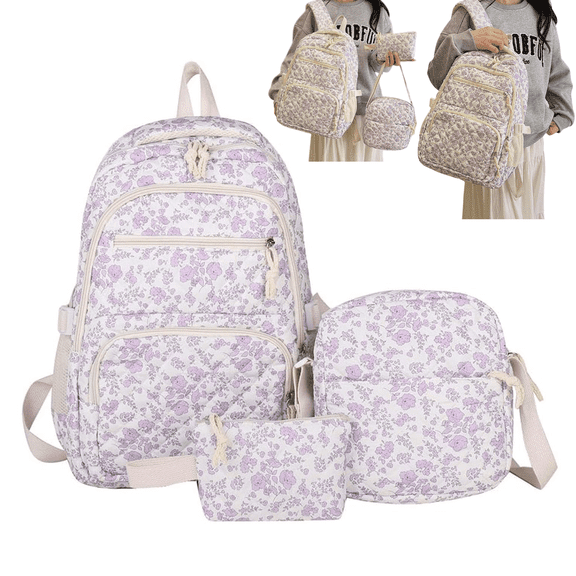 Quilted Floral Backpack Set School Backpack for Elementary Middle High School Fashion Student Bag Cute Aesthetic Teen Bookbag for Teens Women