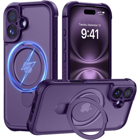 Design for iPhone 16 Case with Magnetic Invisible Stand [Full Camera Protection] [Compatible with Magsafe] Military Drop Shockproof Translucent Matte Phone Case Cover 6.1",Deep Purple