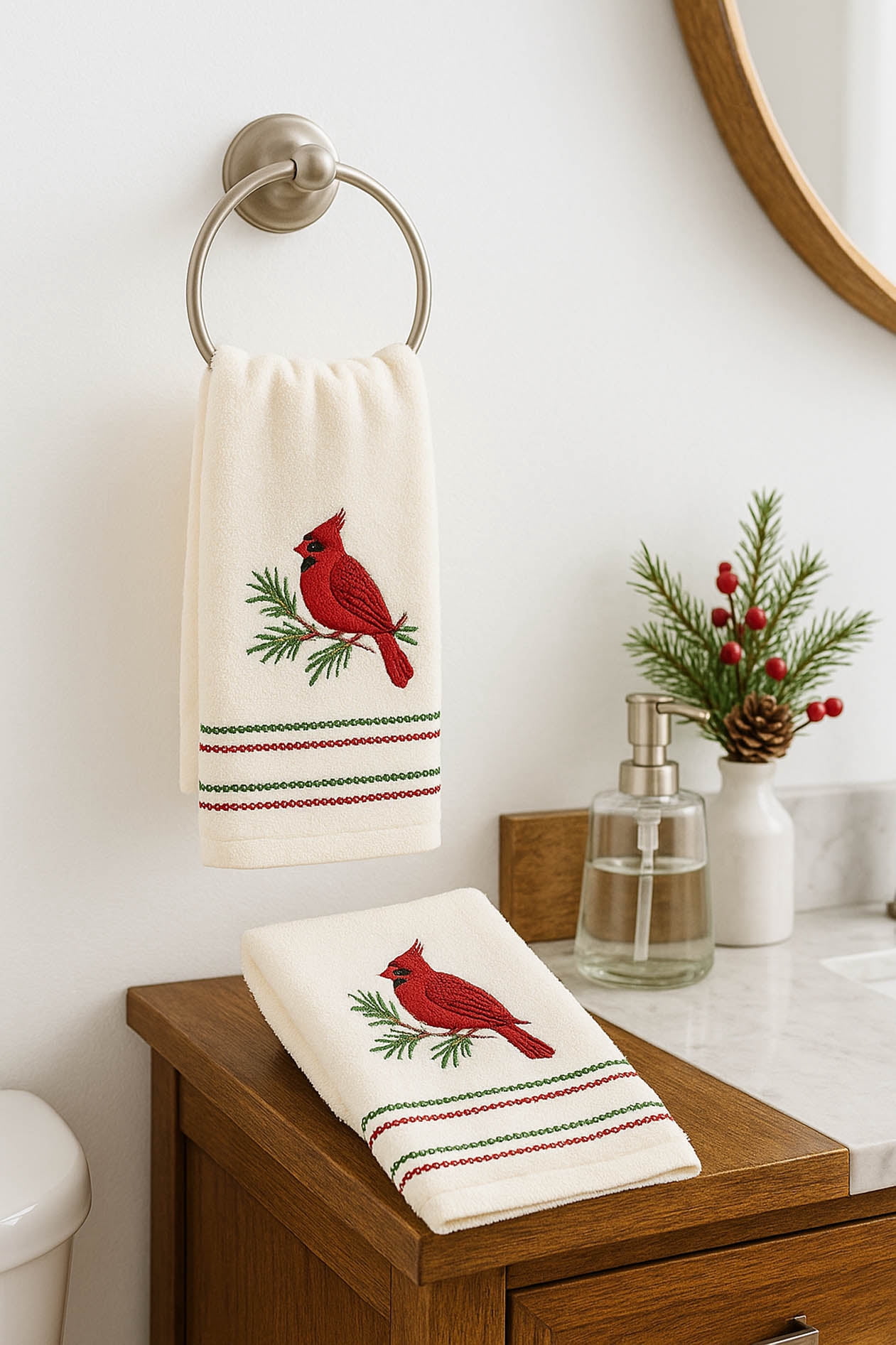 St Nicholas Cardinal Embroidered Hand Towels Set of 2 Off-White Cotton 16 x 25