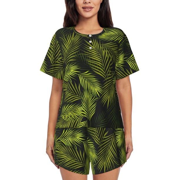Balery Tropical Palm Leaves Fern Leaf Conjunto de Pijama para Mujer con Estampado, Dos Piezas de Manga Corta y Shorts, Ropa de Dormir Suave con Cuello Redondo y Bolsillos-X-Large
