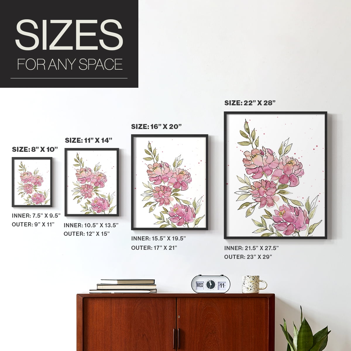 Watercolor Blooms I Framed Print in Black Solid Wood 16 x 20 Framed Print