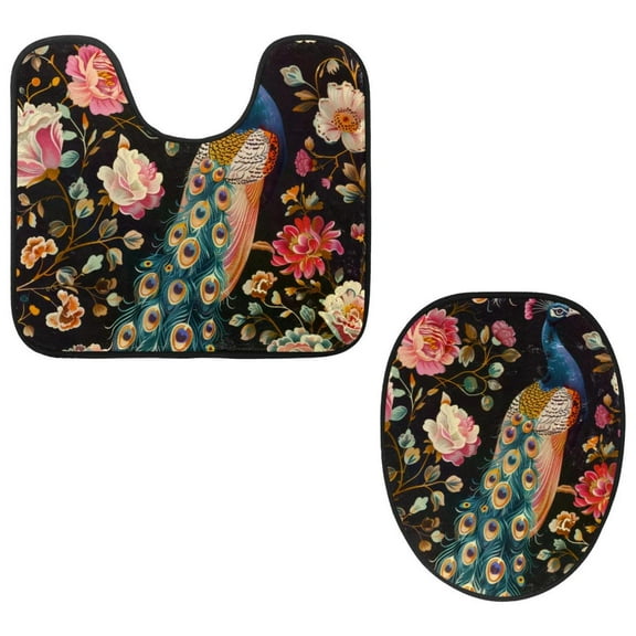 PhooArto Toilet Lid Cover and U-Shaped Toilet Floor Mat Set of 2 Pieces, Peacock Flowers Pattern Toilet Mat Set, Machine Washable Seat Covers Non-Slip Absorbent Rugs