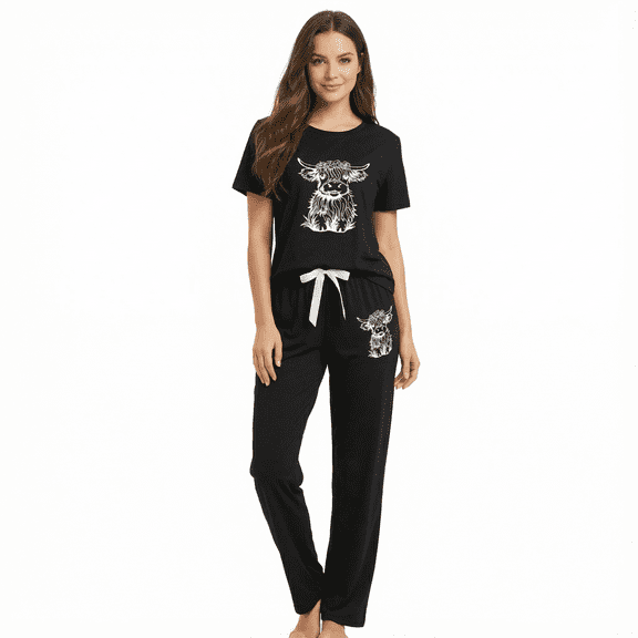 YUBIKWETE Womens Highland Cow Pajama Set 3 Piece Short Sleeve Top Pants and Shorts Soft Sleepwear Loungewear