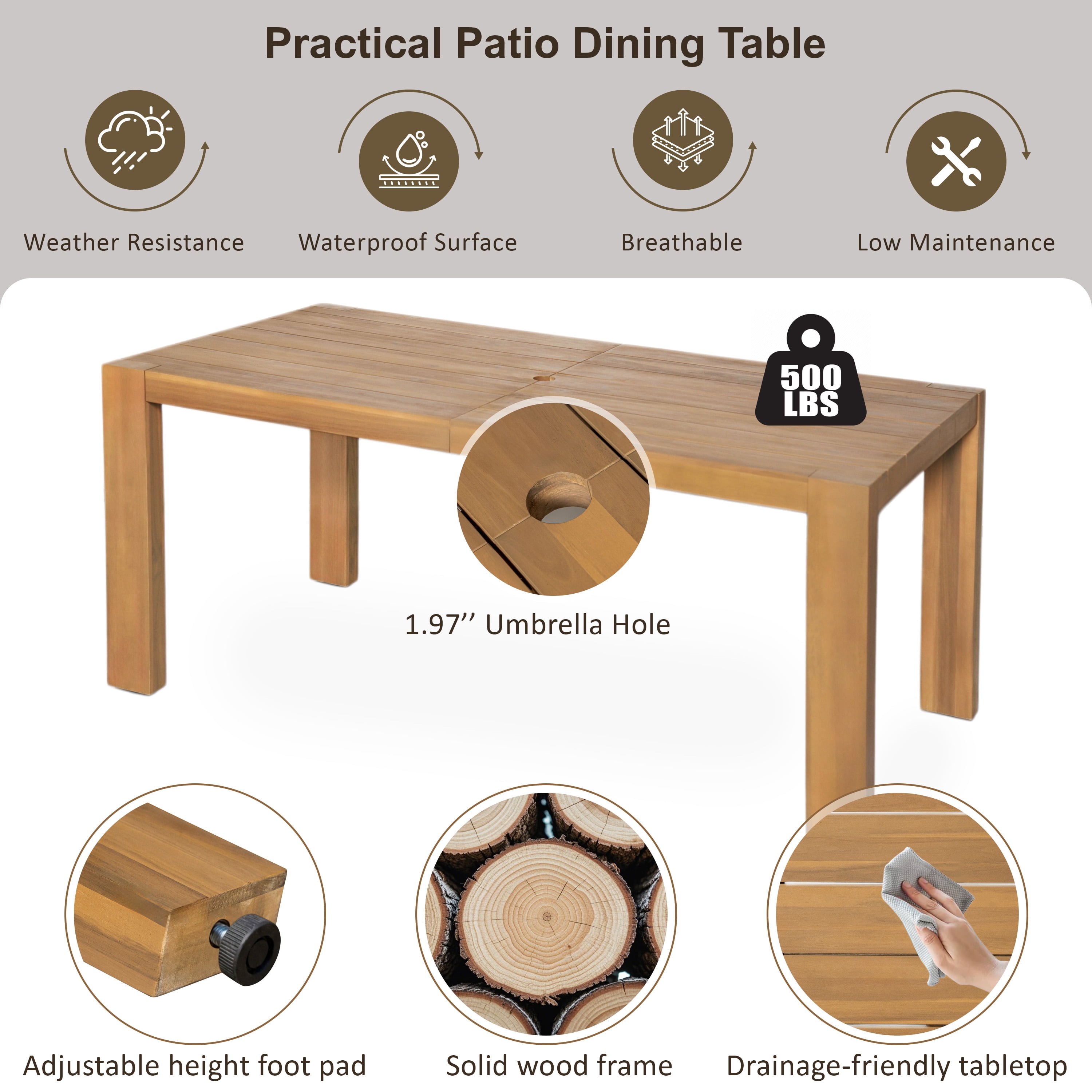 HighSound 7 Piece Patio Dining Set, Outdoor Acacia Wood Furniture Set with Umbrella Hole, Rectangular Table and 6 Chairs w/Removeable Fabric Cushion, Light Teak