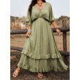 thumbnail image 3 of Olive Green Plus Size Casual Vacation Tie Front Ruffle Maxi Dress With V-Neck And Flared Sleeves, 3 of 7