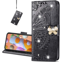 OnePlus Nord N200 5G Flip Case, Mantto Bling Diamond Butterfly Embossed Flowers PU Leather Magnetic Flip Cover Stand Card Holders Hand Strap Wallet Purse Case for OnePlus Nord N200 5G, Black