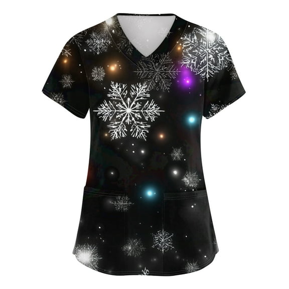 Dwellite Christmas Scrubs Tops for Women Plus Size Stretchy Short Sleeve V Neck Snowman Printed Nurse Scrub Medical Uniform Black L
