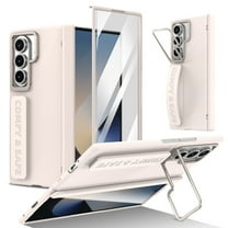 For Samsung Galaxy Z Fold 6 with Lens Folded Kickstand, Shockproof Full-body Case Built-in Tempered Glass Screen Protector Rugged Wristband Grip Magnetic Hinge Protection Cover,Apricot