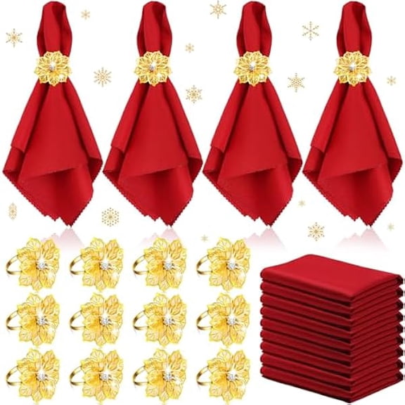 Fu997 24 Pcs Christmas Napkins and Ring Set 12 Pcs Red Washable Christmas Napkins Cloth and 12 Pcs Xmas Napkin Rings Holder for Holiday Dinner Party(Metal,Gold Flower)