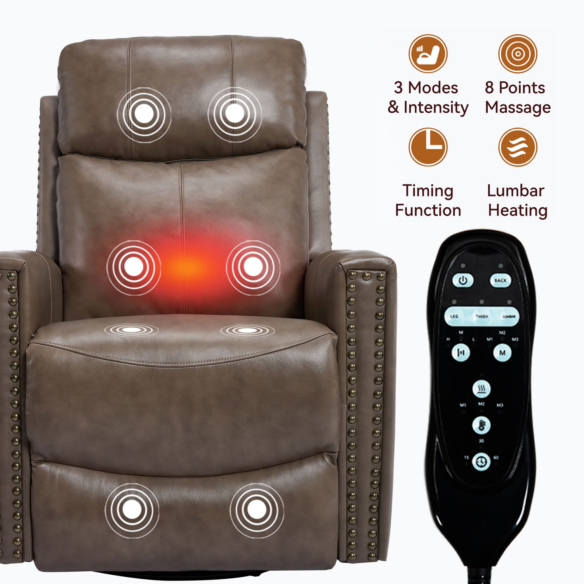 MAYEERTY Genuine Leather Swivel Recliner Chair, Manual Rocker Lounge Chair with 8-Point Massage & Lumbar Heat, for Living Room Home Theater