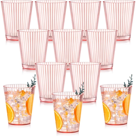 12 PCS Plastic Ribbed Drinking Glasses Pink 10oz Vintage Ripple Stemless Wine Glasses Cocktail Tumbler Glass Cups Disposable Retro Glasses Drinkware for Valentine Baby Shower Wedding