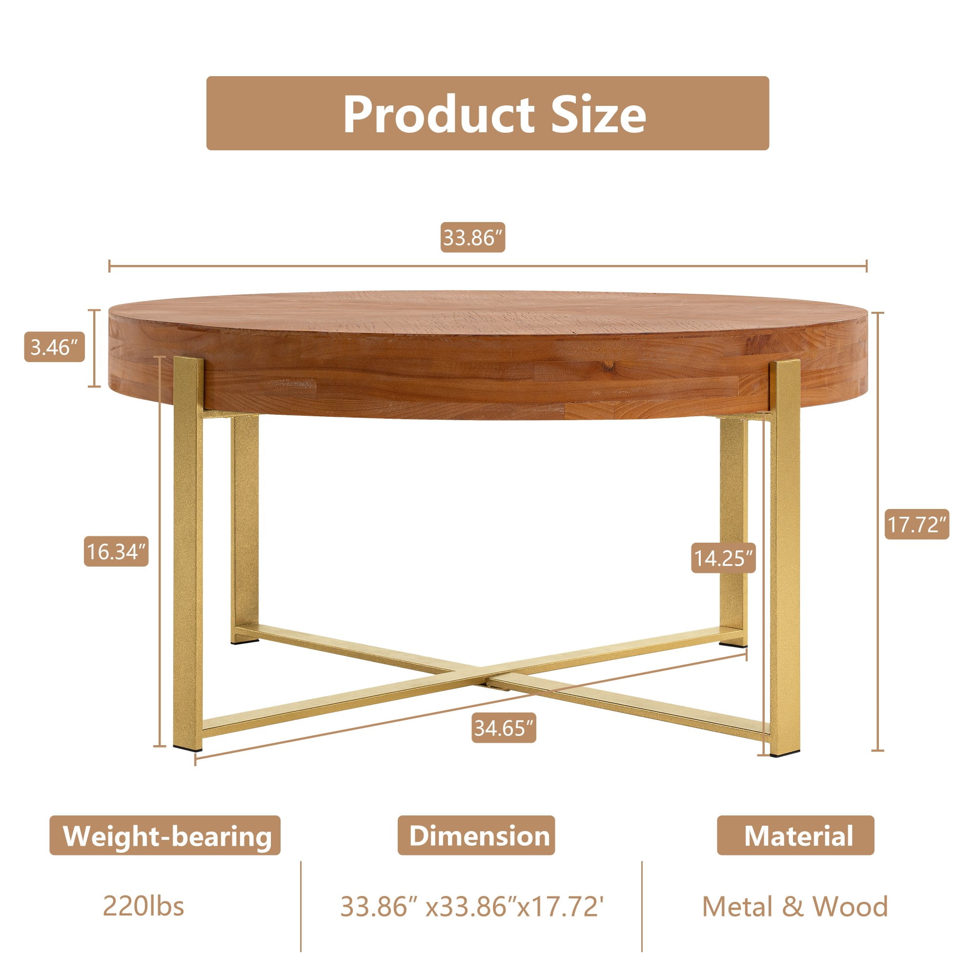 BSHTI 31.29" Metal Wood Round Coffee Table with Retro Splicing Top, Cross Metal Frame, Rustic Style for Living Room(Natural+Gold)