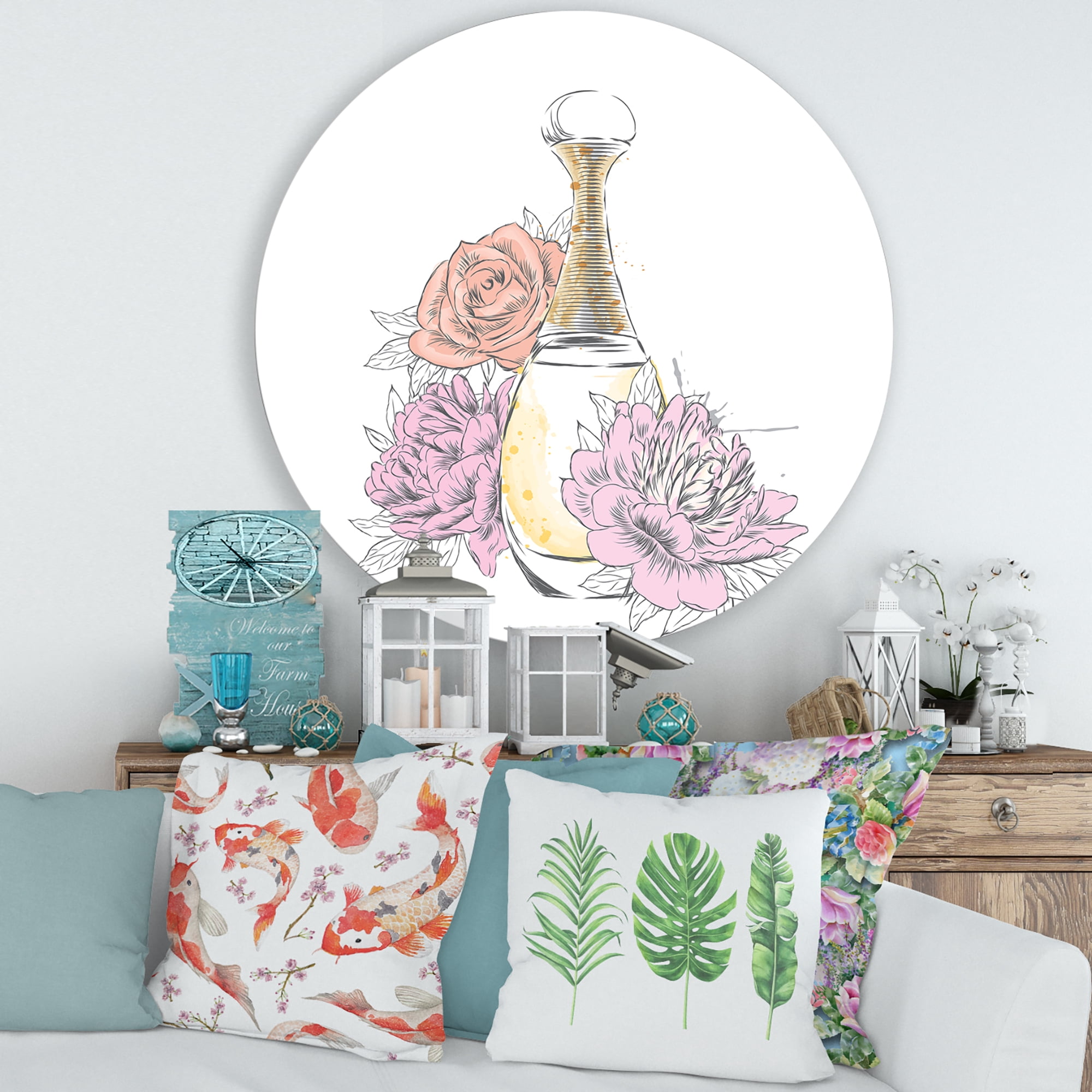 Designart 'Bouquet of Flowers and Perfume Bottle I' Traditional Circle Metal Wall Art 29x29 - Disc of 29