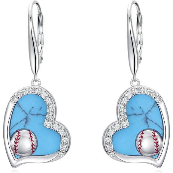 JKR Turquoise Heart Earrings 925 Sterling Silver Sports Drop Dangle Earring Leverback Jewelry Valentines Mothers Day Gifts for Women Her