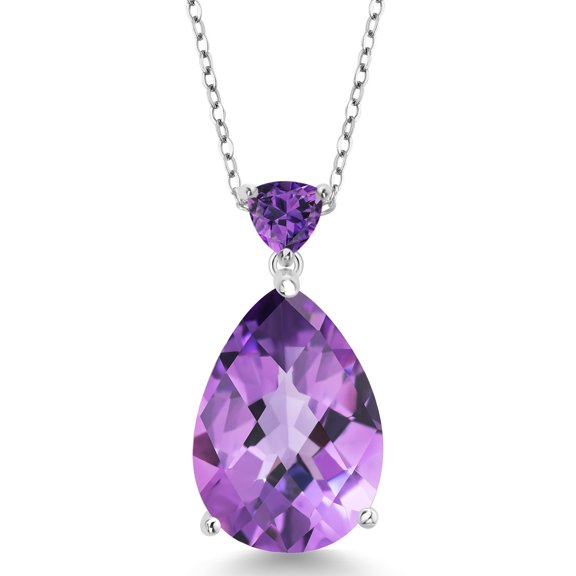 Gem Stone King 10.22 Cttw Purple Amethyst Pendant Necklace for Women | 925 Sterling Silver | Gemstone Birthstone | Pear Shape Checkerboard 18X13MM | With 18 inch Chain