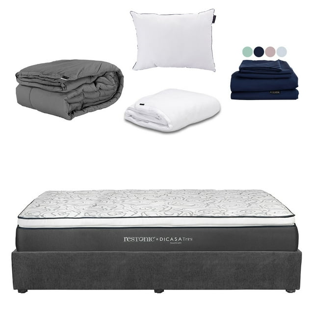 Colchón King Size Trini + Base Cama + Almohada One + Protector Cloud + Sábanas Softy + Edredón Homy