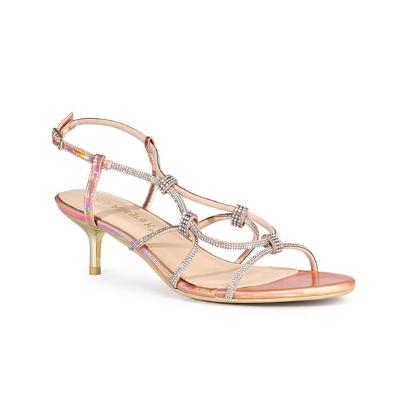 Unique Bargains Women's Rhinestone Strappy Slingback Kitten Heel Sandals Rose Gold (Size 6.5)