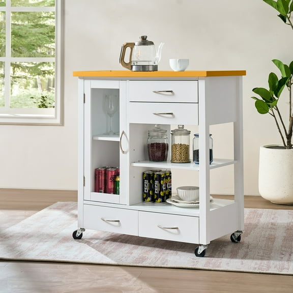 Kitchen Island Cart with White Compact Top, Walnut Wood Accents, Rolling Storage Cabinet on Wheels - 4-Wheel Caster Base with Locks, Multi-Shelf & Drawer Storage for Small Kitchens & Dining Rooms