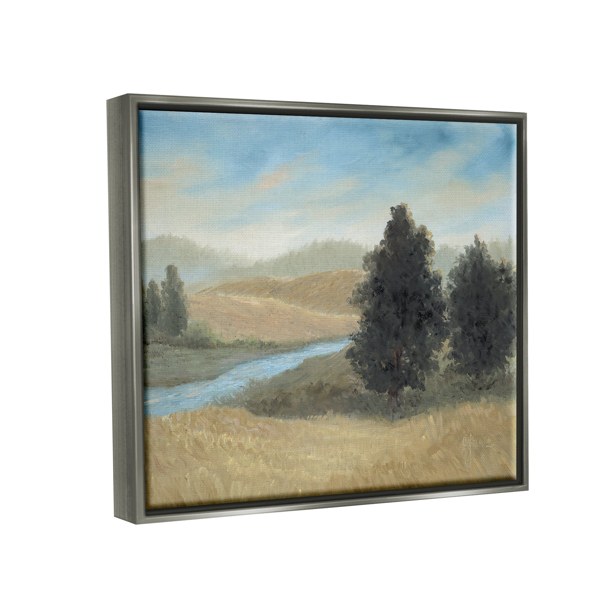 Stupell Industries Rural Creek Landscape Landscape Painting Gray Floater Framed Canvas Art Print Wall Art, 21 x 17