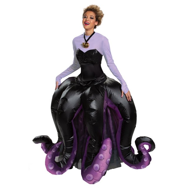 Disney Little Mermaid Womens Ursula Prestige Costume featuring a long-sleeved purple mesh top, a black sequined chest, and an inflatable black and purple tentacle skirt. The costume includes a shell necklace and requires 4 AA batteries for the inflatable feature. Officially licensed and made of polyester, cotton, and nylon.