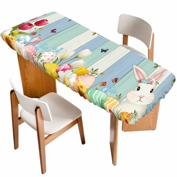 Easter Bunny Table Cloths for 8 Foot Rectangle Tables, Spring Watercolor Eggs Flower Wood Grain Patio Waterproof Elastic Fitted Tablecloths, Washable Rectangular Table Cover for Camping