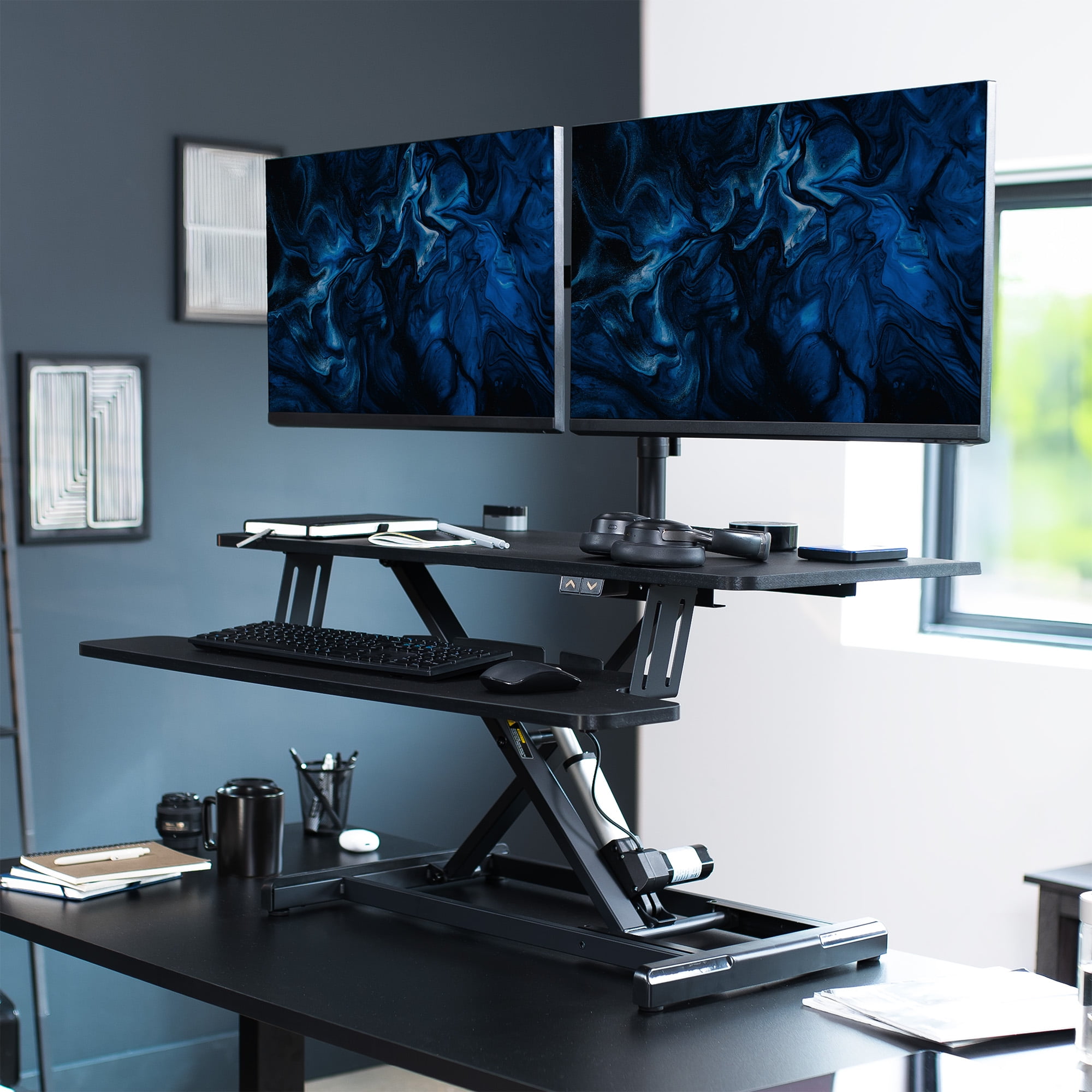 VIVO Black 36" Electric Desk Riser with Dual Monitor Arm for up to 30" Screens
