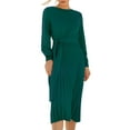 thumbnail image 2 of Franhais Women Spring Dress with Waist Belt,Plain Color Long Lantern Sleeve Crew Neck Knitted Dress, 2 of 9