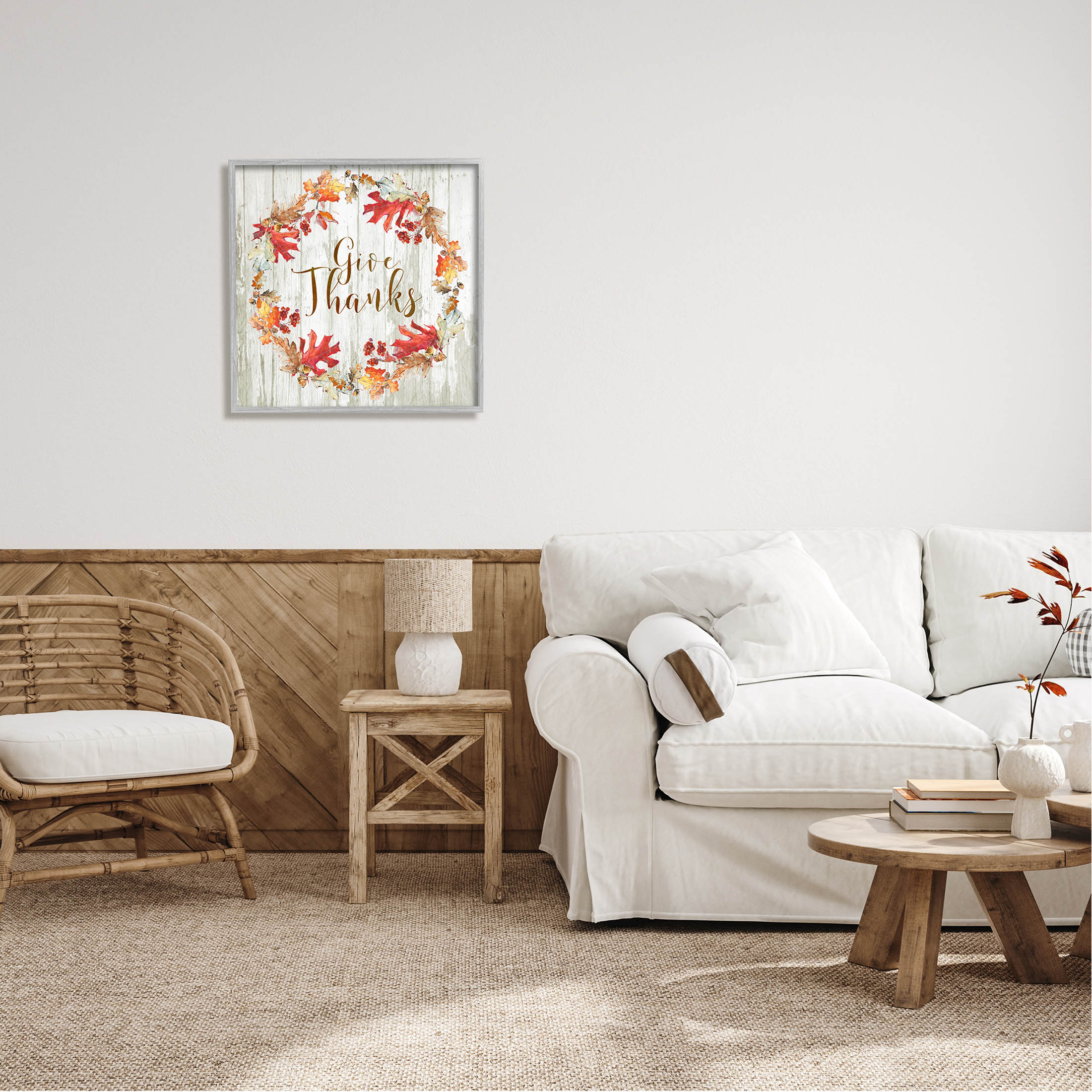 Stupell Industries Give Thanks Autumnal Wreath Graphic Art Gray Framed Art Print Wall Art, Design by Sally Swatland