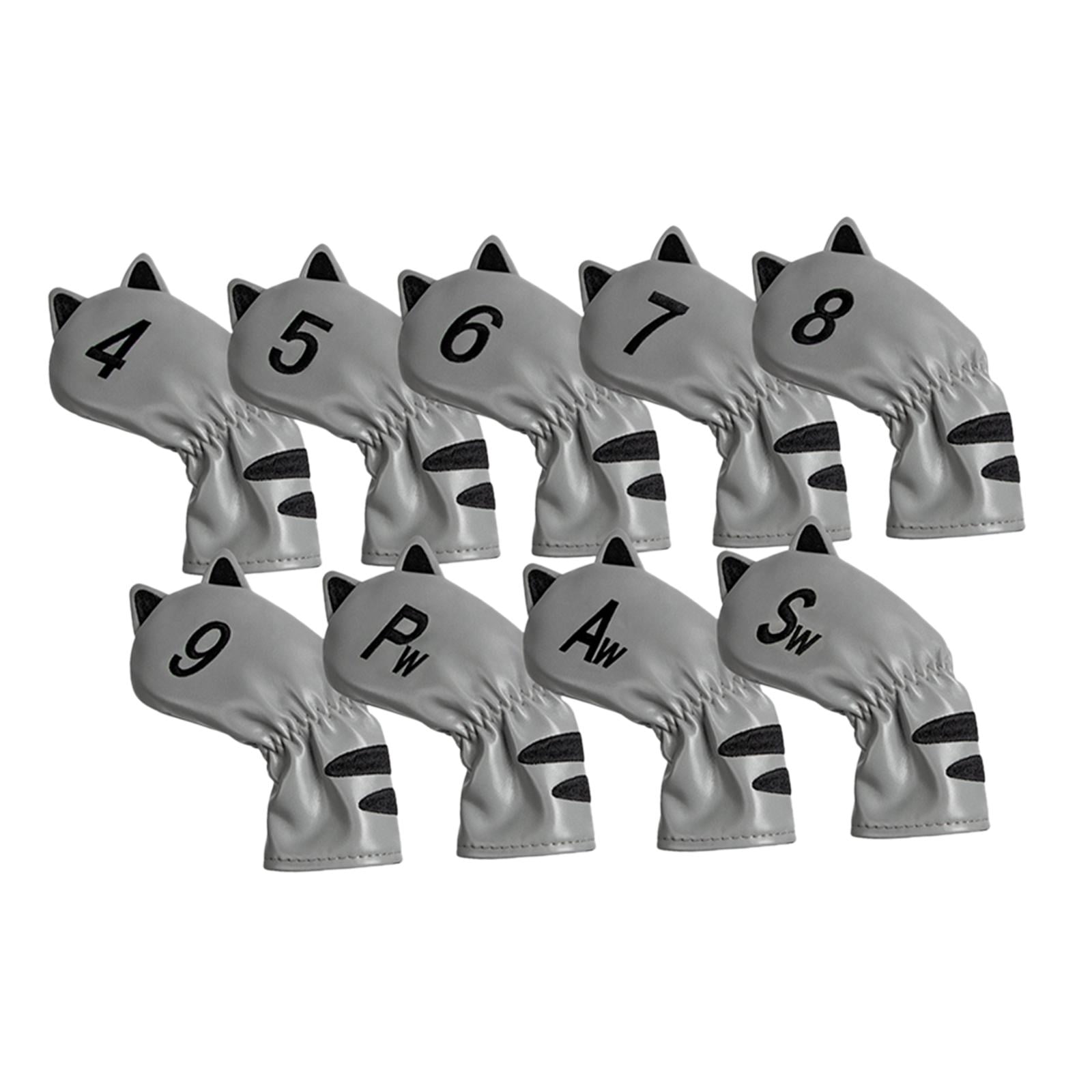 DimyFew Golf Club Head Covers Mallet Putter Cat Pattern Accessories Putter Cue Headcover 9pcs Iron Cue Grey