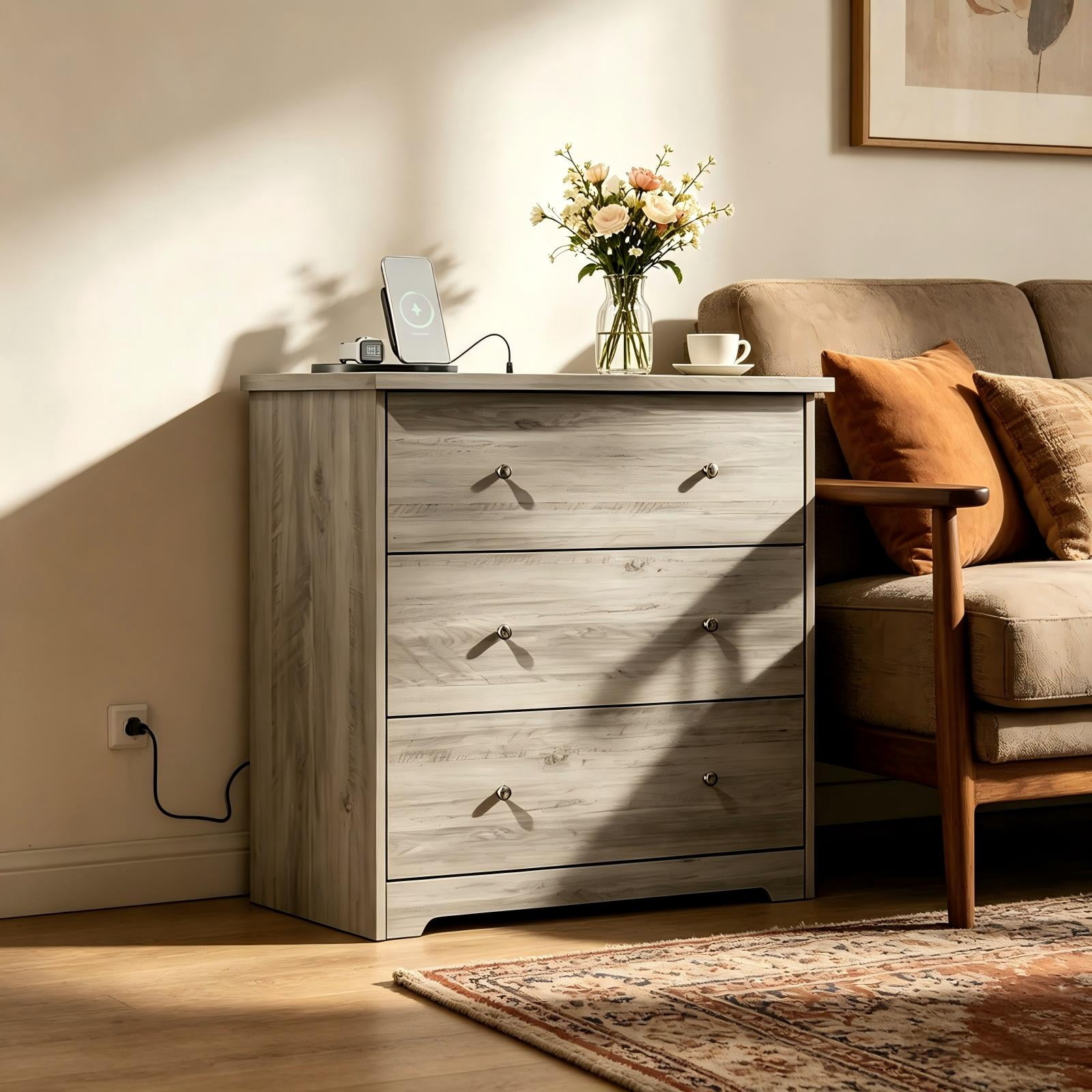 3-Drawer Nightstand, Grey, 31.5 x 15.75 x 30.5 in