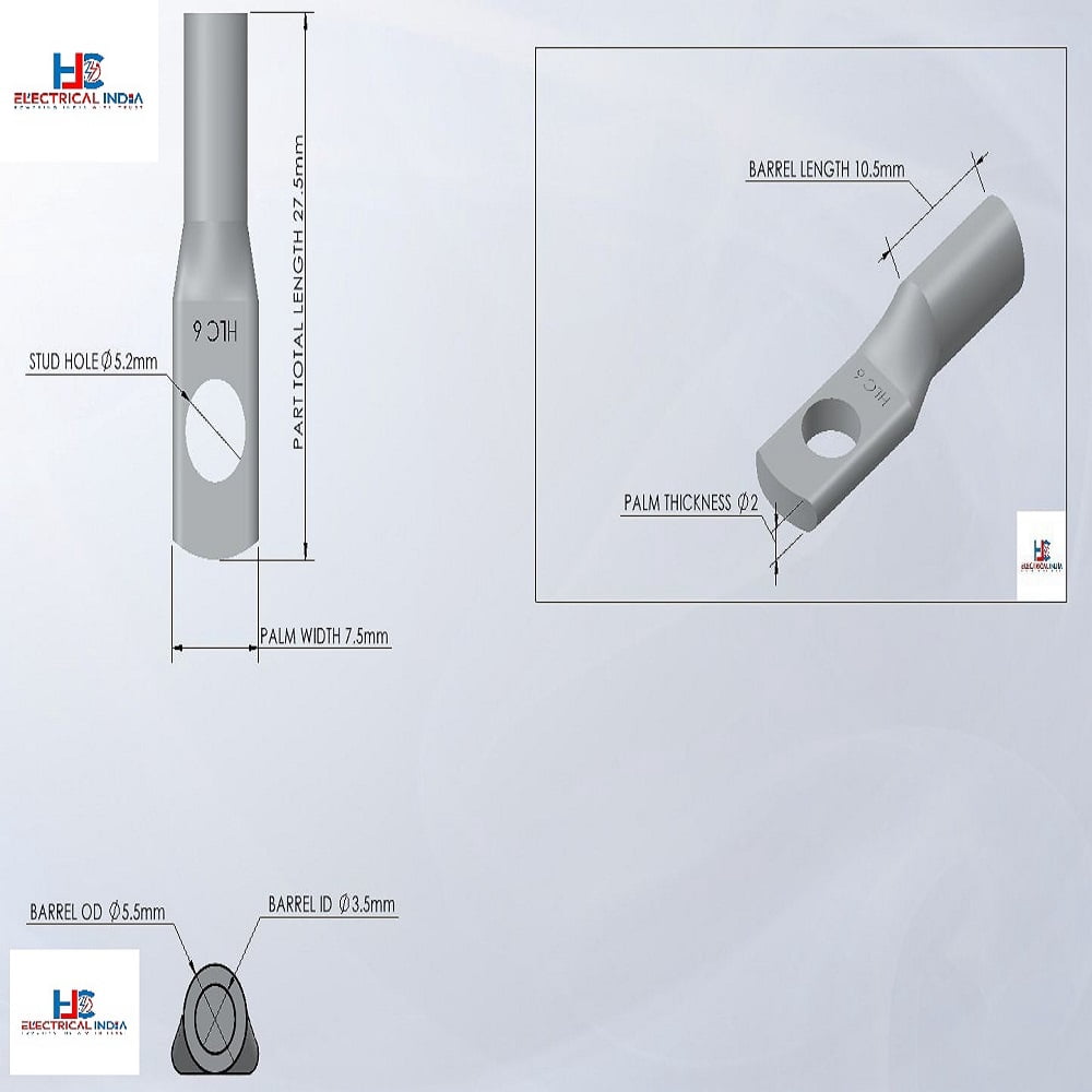HLC Aluminum Lug | 6 mm² Wire Connector | Stud Hole | Heavy Duty Electrical Cable Lug | Crimp Type pack of 12