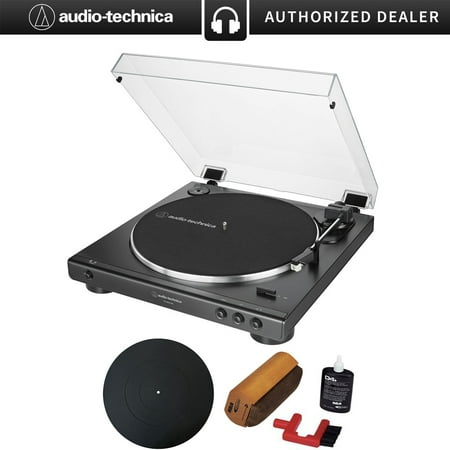 Audio-Technica Fully Automatic Analog/USB Belt-Drive Stereo Turntable (AT-LP60XUSB-BK) with Essentials Bundle includes Protective Turntable Platter and Vinyl Record Cleaning