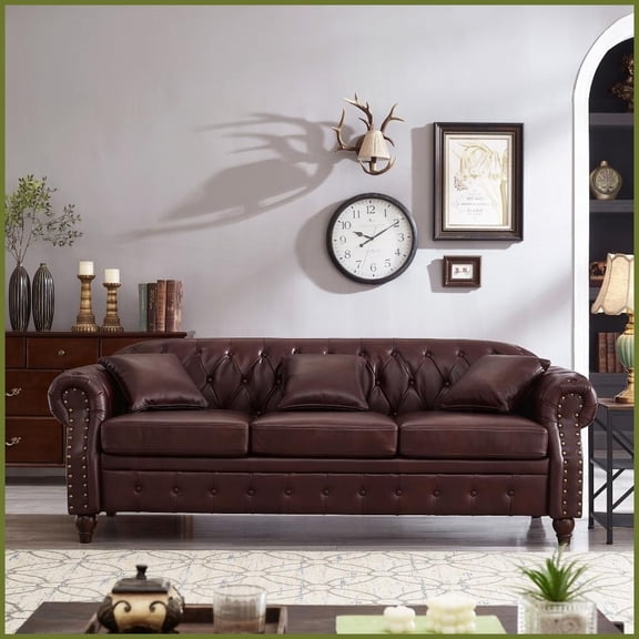 85.8'' American Chesterfield 3-Seat Sofa, Tech Leather Upholstered Living Room Sofa with Storage