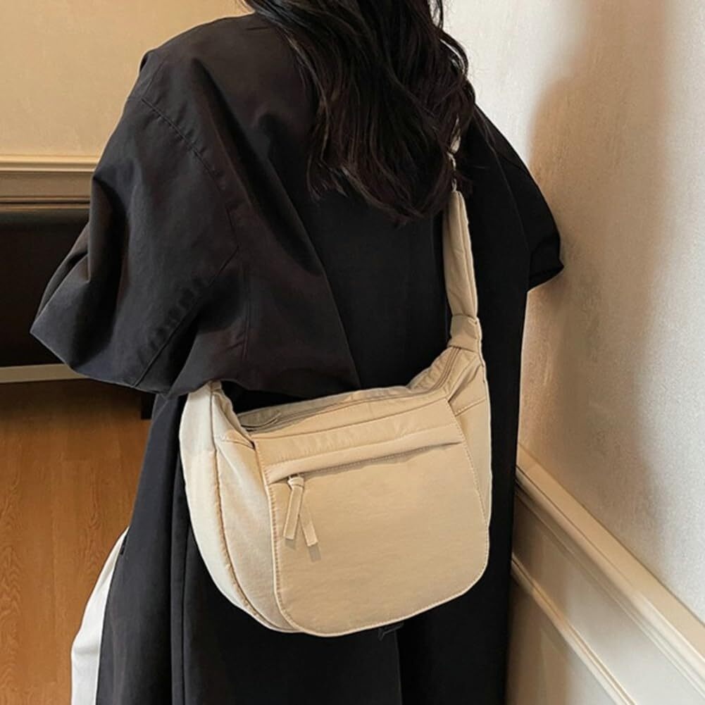LKJYER Slouchy Nylon Bags for Women 2025 Crescent Crossbody Bag Hobo Shoulder Purse Work Travel Tote Handbag Everyday Purses