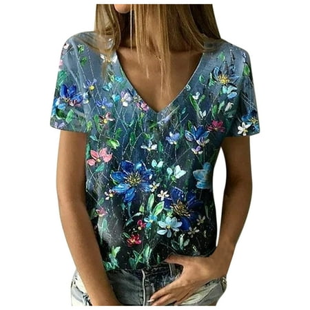 

Tops for Women Casual Spring Fashion Women s Summer V-Neck Short Sleeve Print Casual T-shirt Blouse Oversized T Shirts for Women Blue XXL