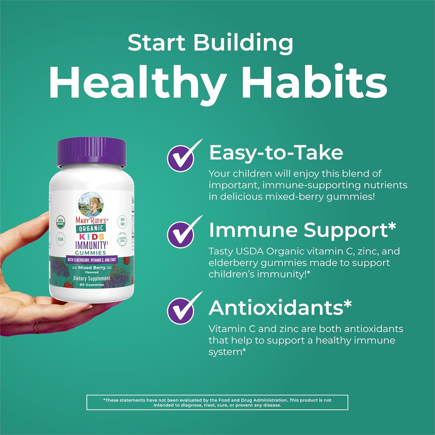 MaryRuth's Kids Immunity Gummies, USDA Organic, Dietary Supplement, Elderberry Zinc, Immune Support, Mixed Berry Flavor, Vegan, Gluten-Free, 60 Count