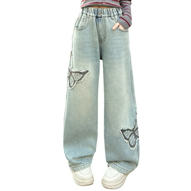 Odeerbi 5-15 Años Niñas Jeans de Pierna Ancha Pantalones de Denim Rasgados de Mariposa Pantalones de Vaquero Sueltos Ropa Exterior Casual Pantalones de Pierna Recta