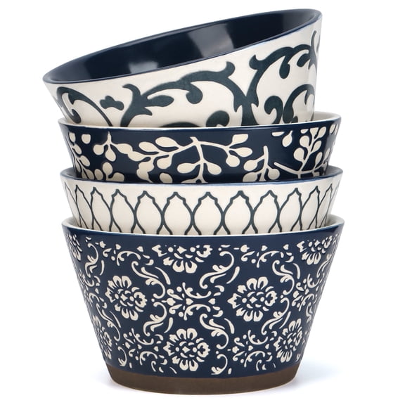 E-Greetshopping Japanese Ceramic Cereal Bowls Set of 4, 5 Inch Vintage Blue Soup and Dessert Bowls