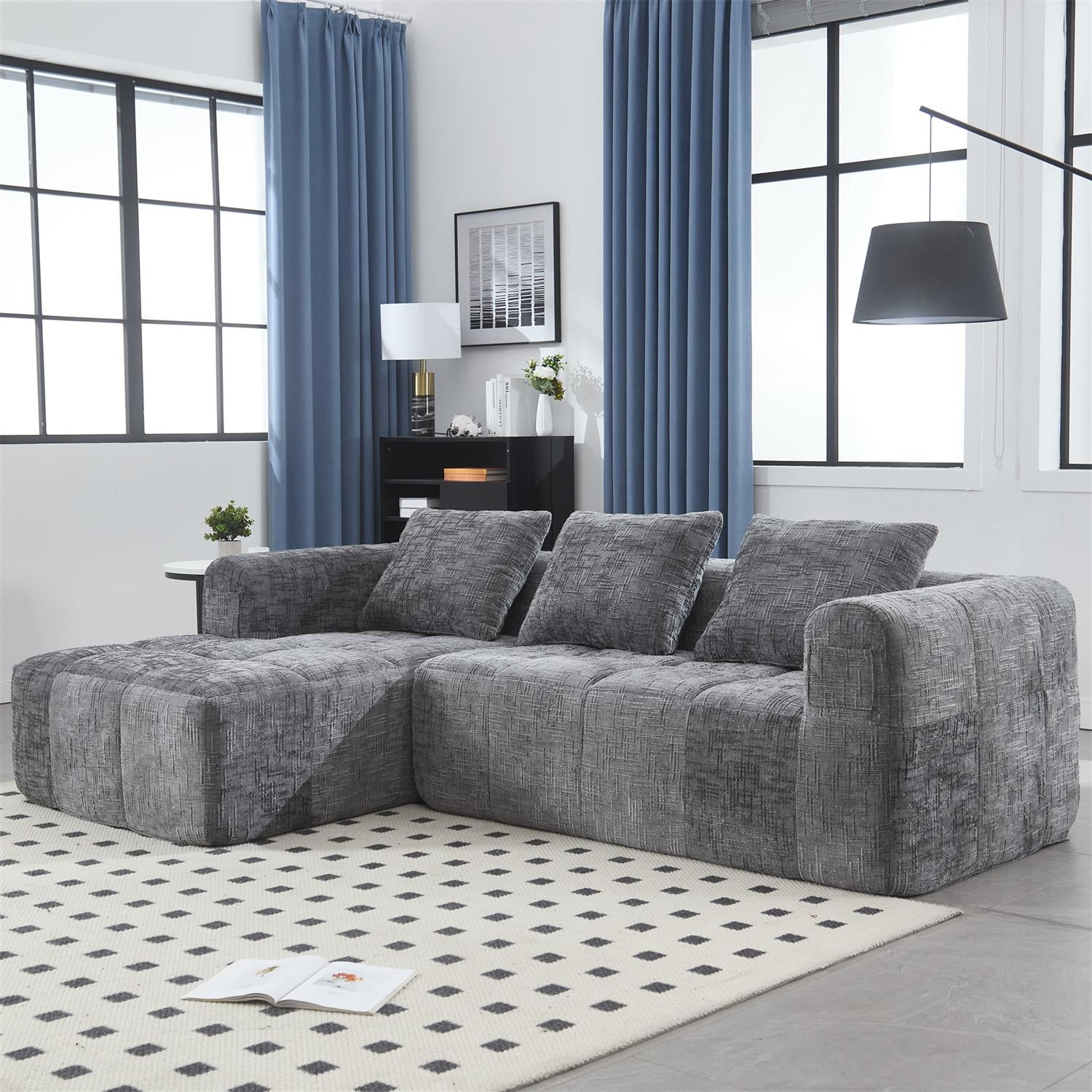 Demi Bonn 98" L-Shaped Modular Sectional Sofa with Chaise, Side Pockets, Modern Comfort Couch, Compression-Free Installation for Living Room, Gray