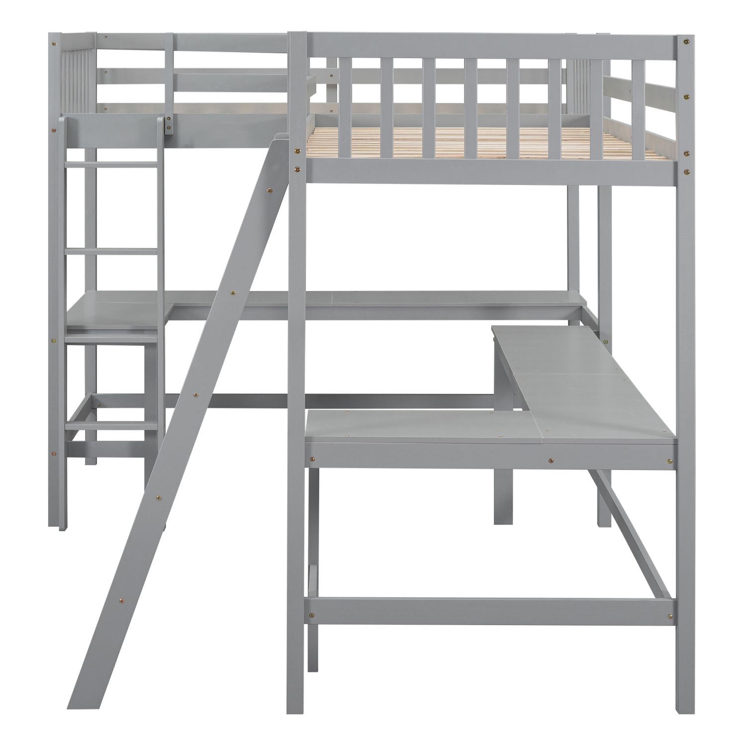 Asteroutdoor Wood Twin Size L-Shaped Loft Bed with Ladder and 2 Built-in L-Shaped Desks, Gray