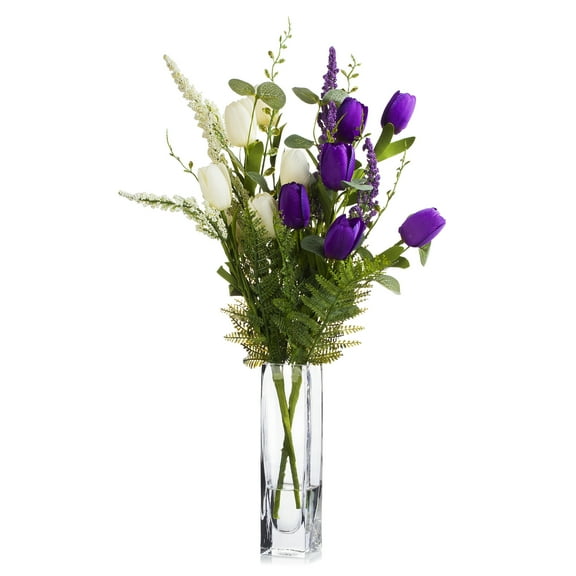 Enova Home Artificial Flowers Mixed Silk Tulip Fake Flowers Arrangement in Rectangle Glass Vase with Faux Water for Home Office Wedding Decoration (Cream Purple)