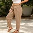 thumbnail image 3 of Favoffer Women's Plus Size Linen Pants Solid Color Drawstring Elastic Waist Pocket Side Slit Loose Long Trousers Breathable Summer Bottom for Outdoor, 3 of 7