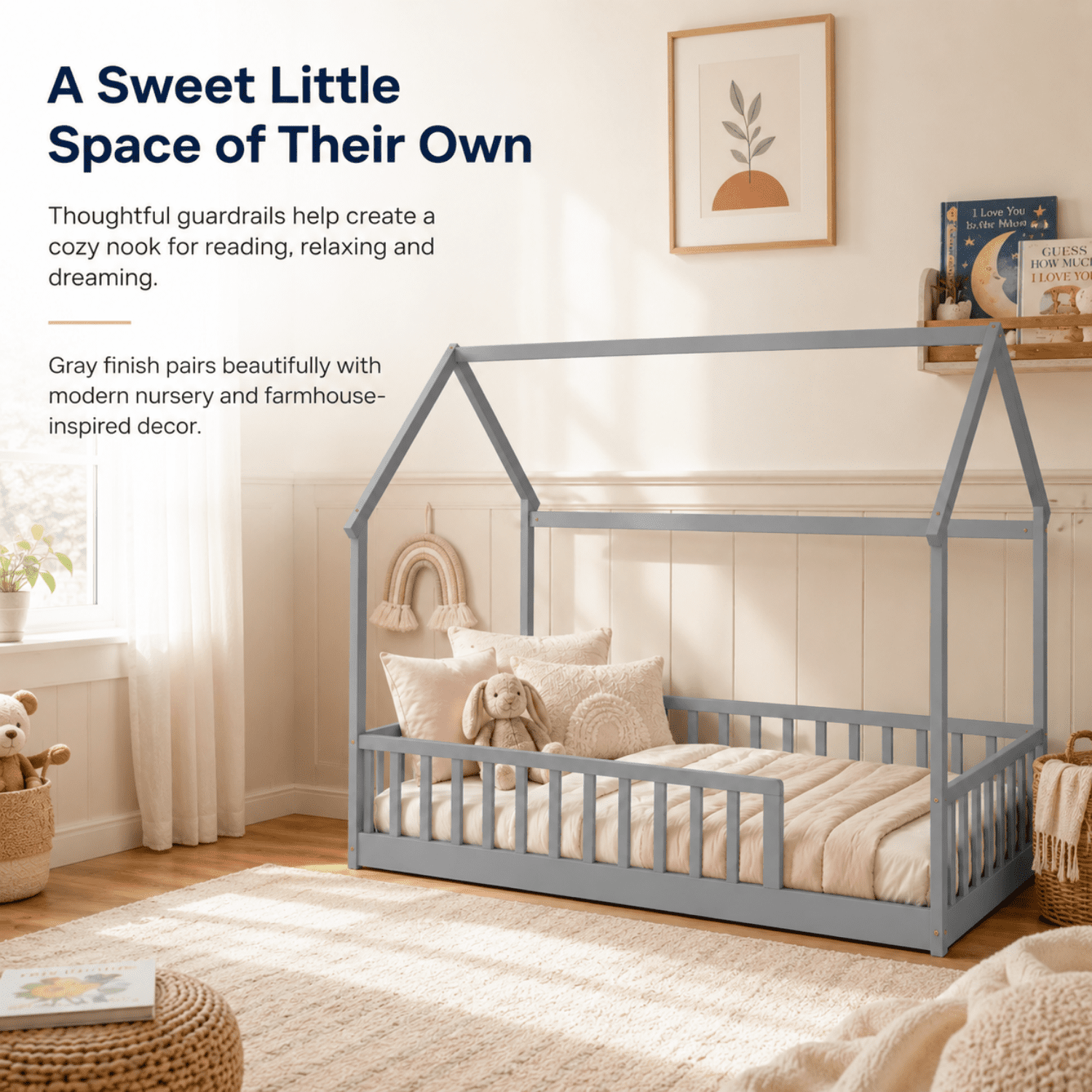 Miniyam Twin Size House Floor Bed for Kids, Wood Low Profile Bed Frame with Guardrails, Gray